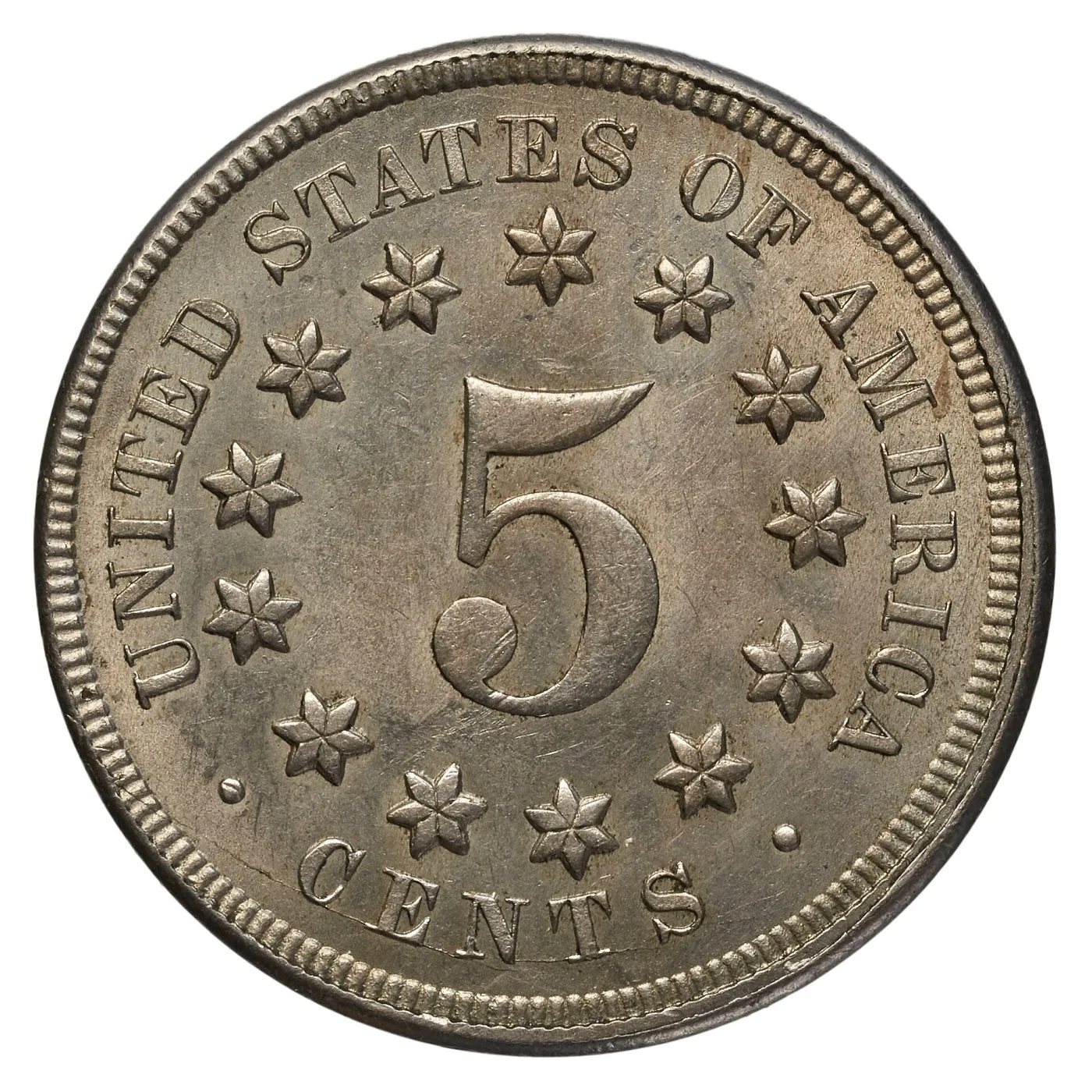 Reverse of an 1867 Shield nickel with the gaps between the thirteen stars completely empty