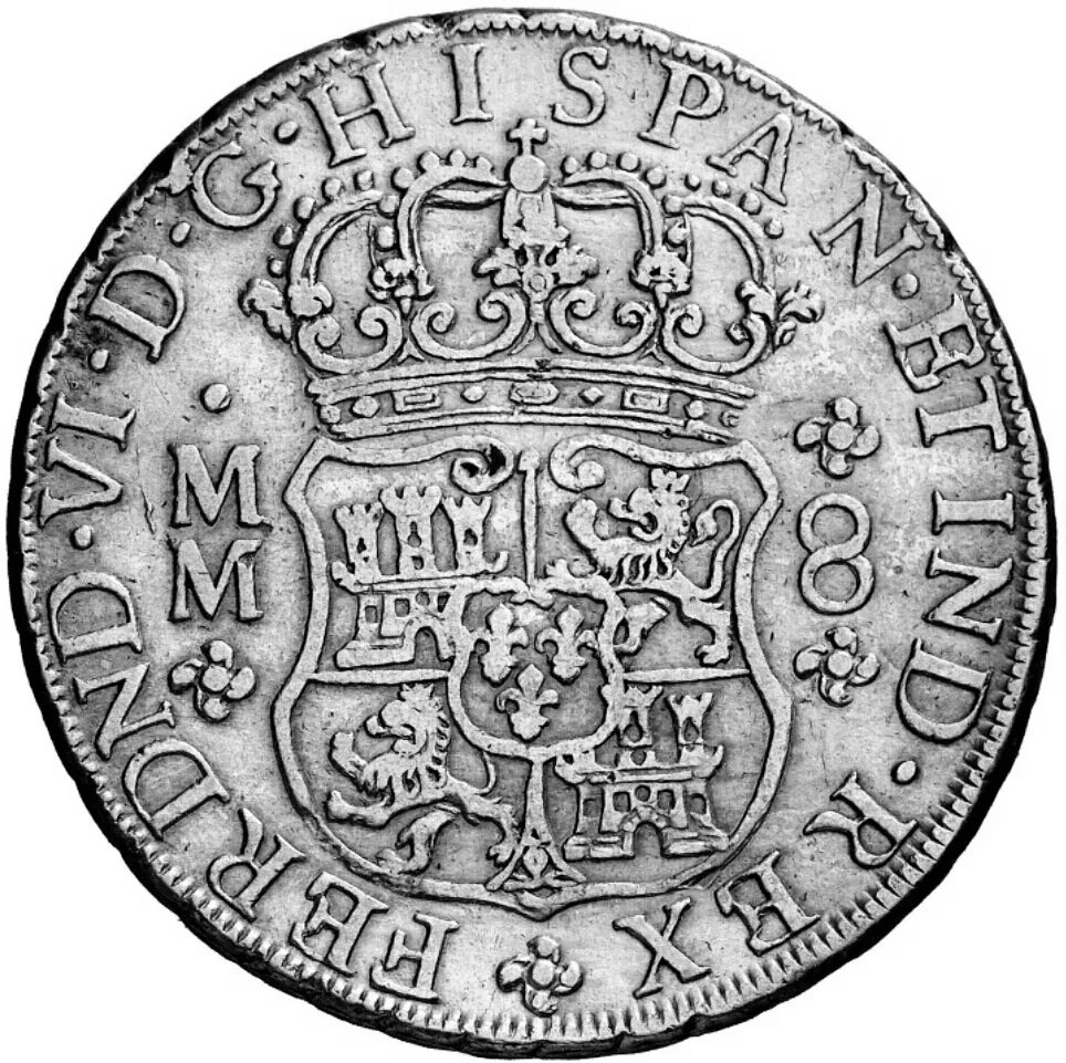 Obverse of the same pillar dollar, a crowned quartered shield with castles and lions, the letters MM at its left and the numeral 8 at its right