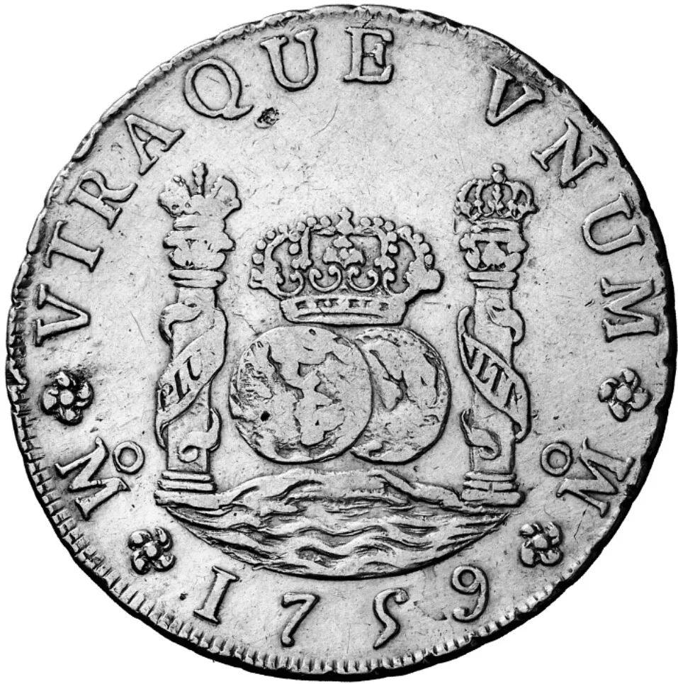 Reverse of a Spanish colonial silver pillar dollar, two crowned globes between two crowned pillars above waves, dated 1759