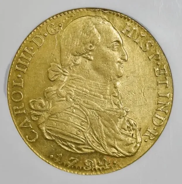 Obverse of a gold coin, a draped and armoured bust of a king facing right with a Latin legend and the date 1794 below