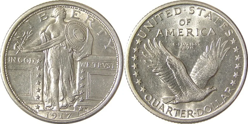 Obverse and reverse of a 1917 Type 1 Standing Liberty quarter, showing Liberty striding through the gate and the eagle in flight