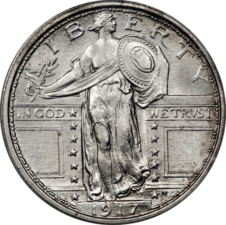 Obverse of a 1917 Type 1 Standing Liberty quarter showing Liberty with an exposed right breast, LIBERTY across the top, IN GOD WE TRUST split by the gate, and the date on a raised pedestal