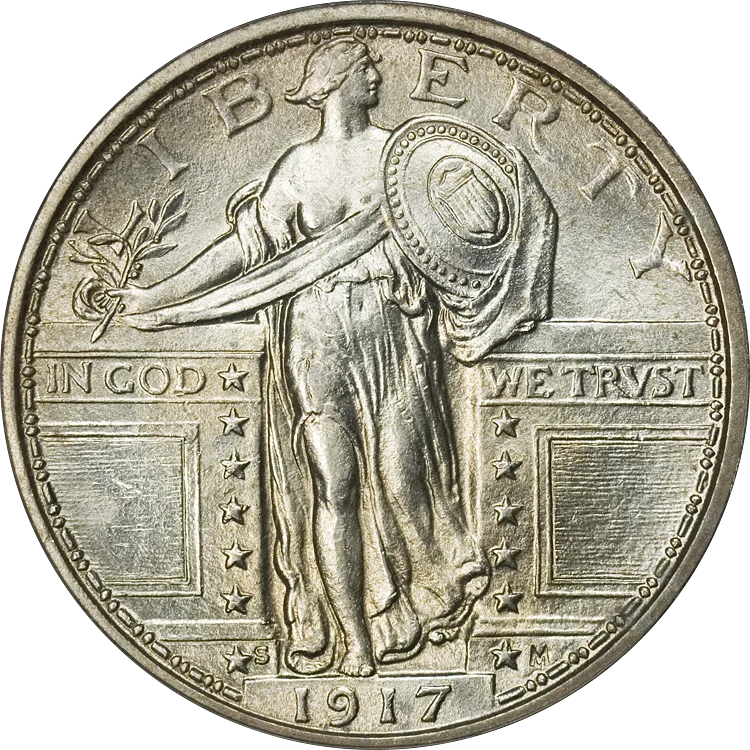 Obverse of a 1917-S Type 1 Standing Liberty quarter with a small S on the pedestal left of the date and MacNeil's M monogram in the matching position on the right