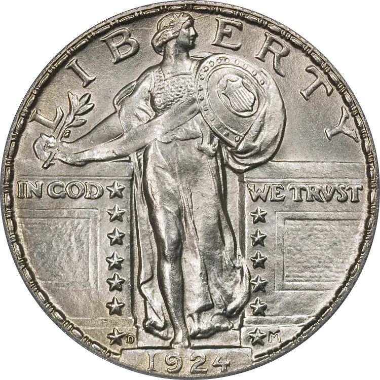 Obverse of a 1924-D Type 2 Standing Liberty quarter with Liberty's torso covered by a coat of chain mail and the D mint mark left of the date