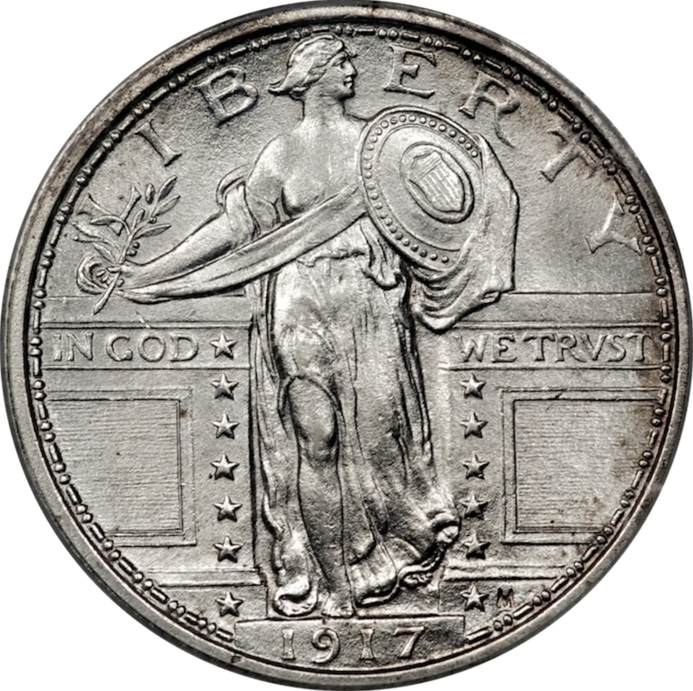 Obverse of a 1917 Type 1 Standing Liberty quarter showing Liberty's right breast uncovered and the date raised on a pedestal below her feet