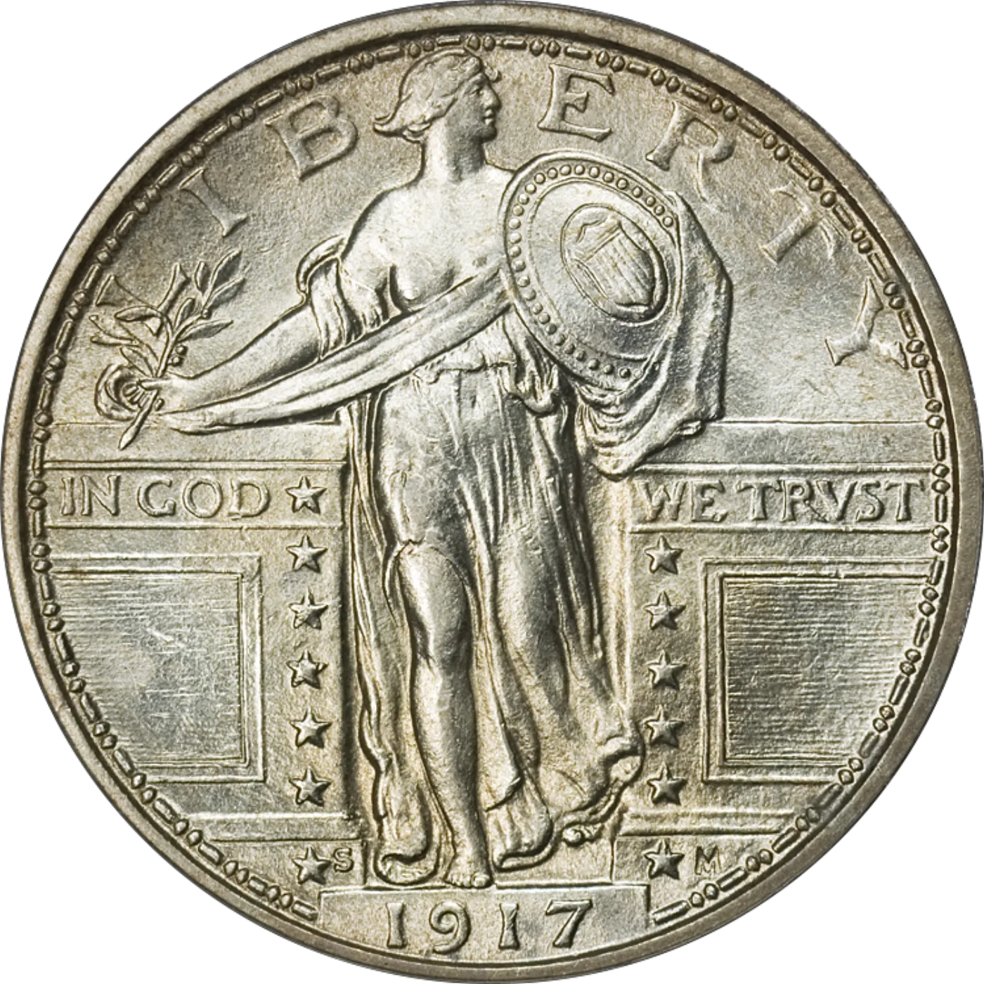 Obverse of a 1917-S Type 1 Standing Liberty quarter with the breast uncovered and an S mint mark to the left of the date