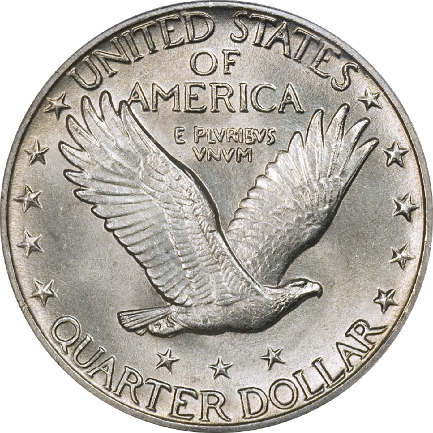 Type 2 reverse of a 1924-D Standing Liberty quarter, eagle raised higher with three stars in the field beneath it