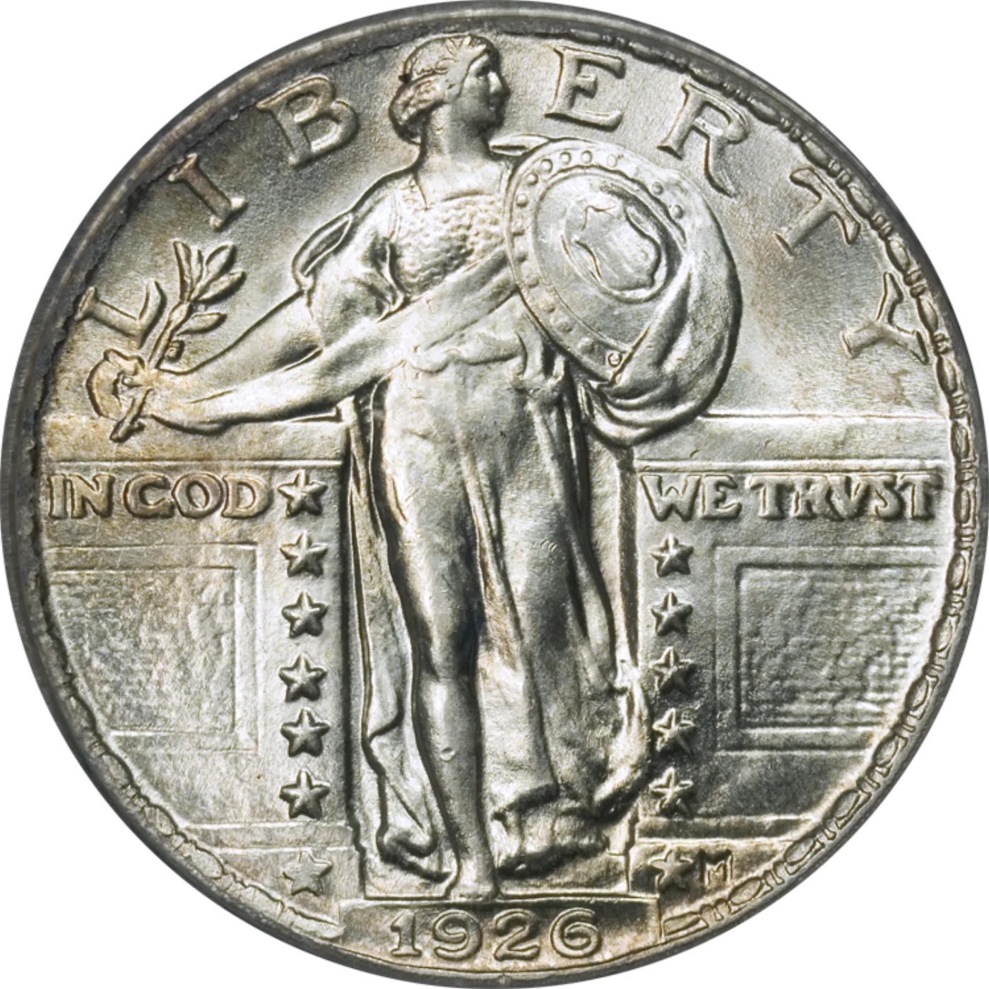 Obverse of a 1926 Standing Liberty quarter with the date set into a recess in the pedestal rather than raised on top of it