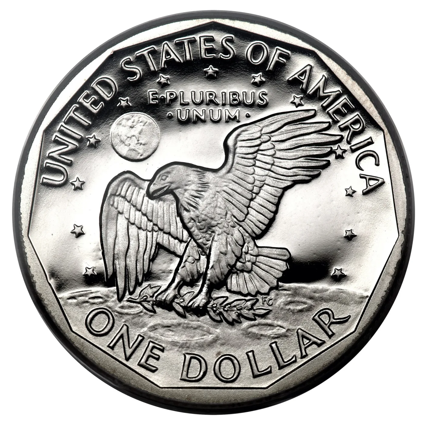 Reverse of a 1981-S proof Susan B. Anthony dollar in deep cameo, the eleven-sided border framing a field that photographs black
