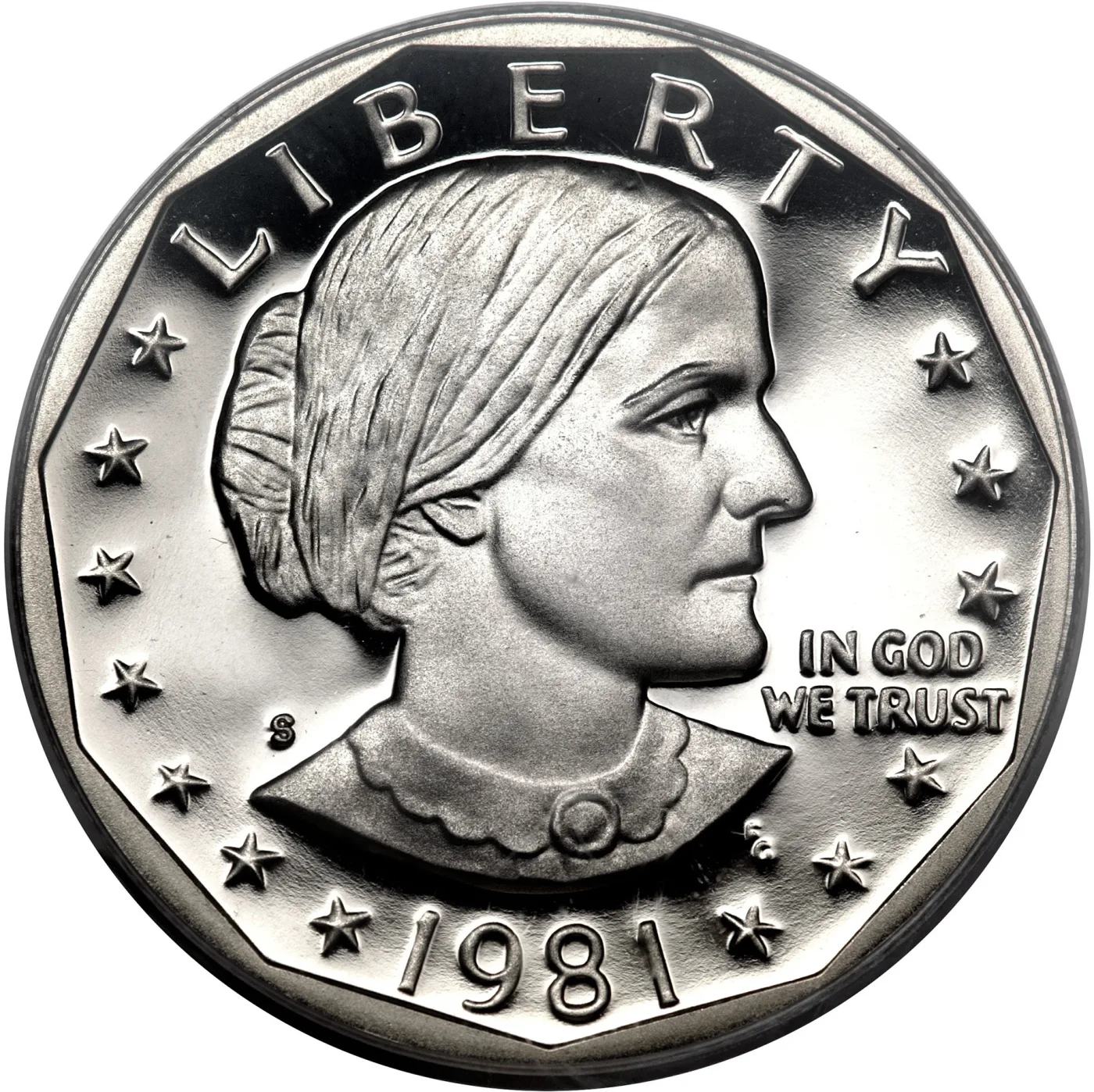 Macro view of the left field of a 1981-S Susan B. Anthony dollar, the S mint mark sharply struck with full serifs below the hair