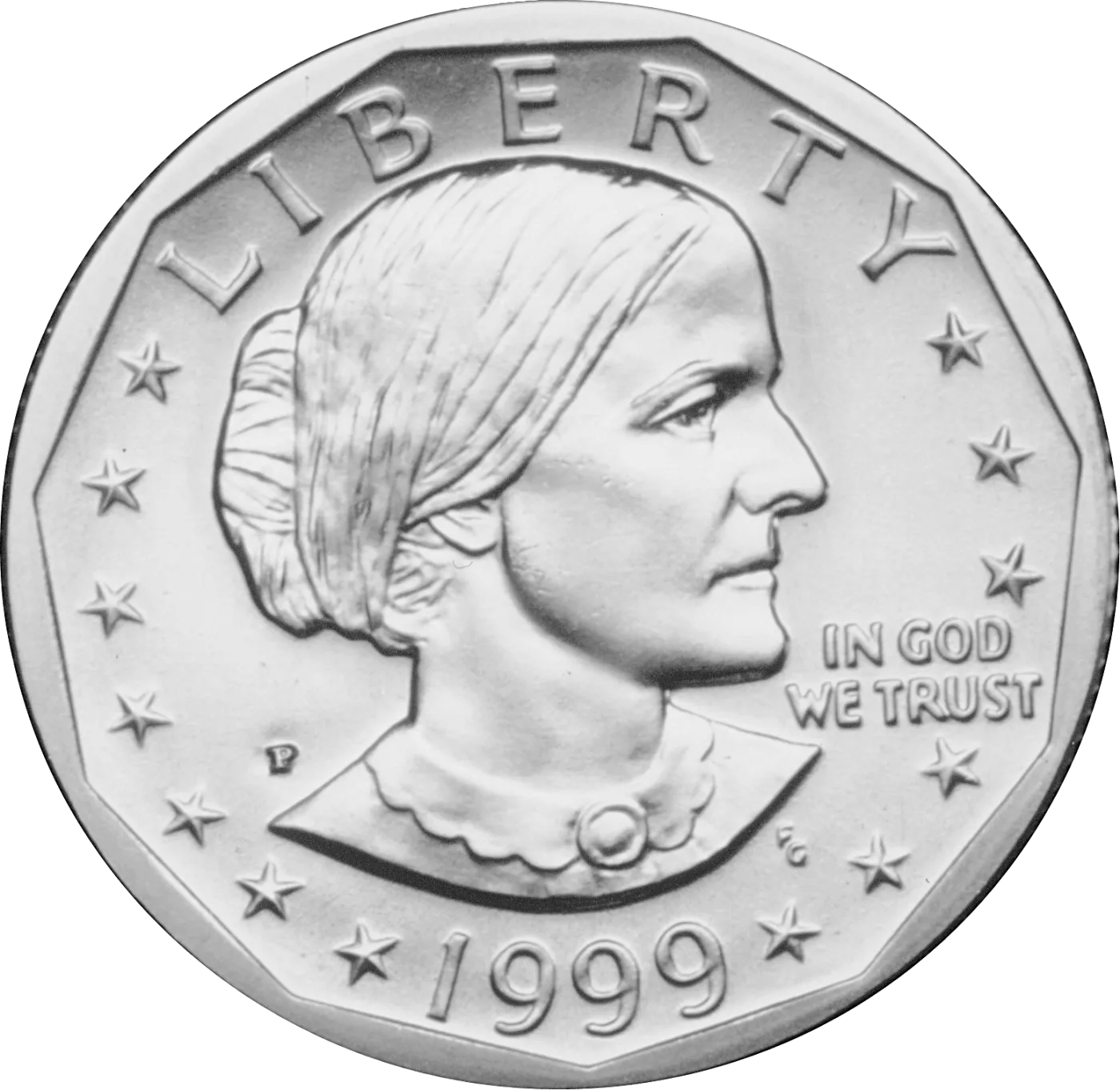 Obverse of a 1999-P Susan B. Anthony dollar, LIBERTY arching above the portrait, thirteen stars around the border, IN GOD WE TRUST in the field at the right and a P below the hair at the left