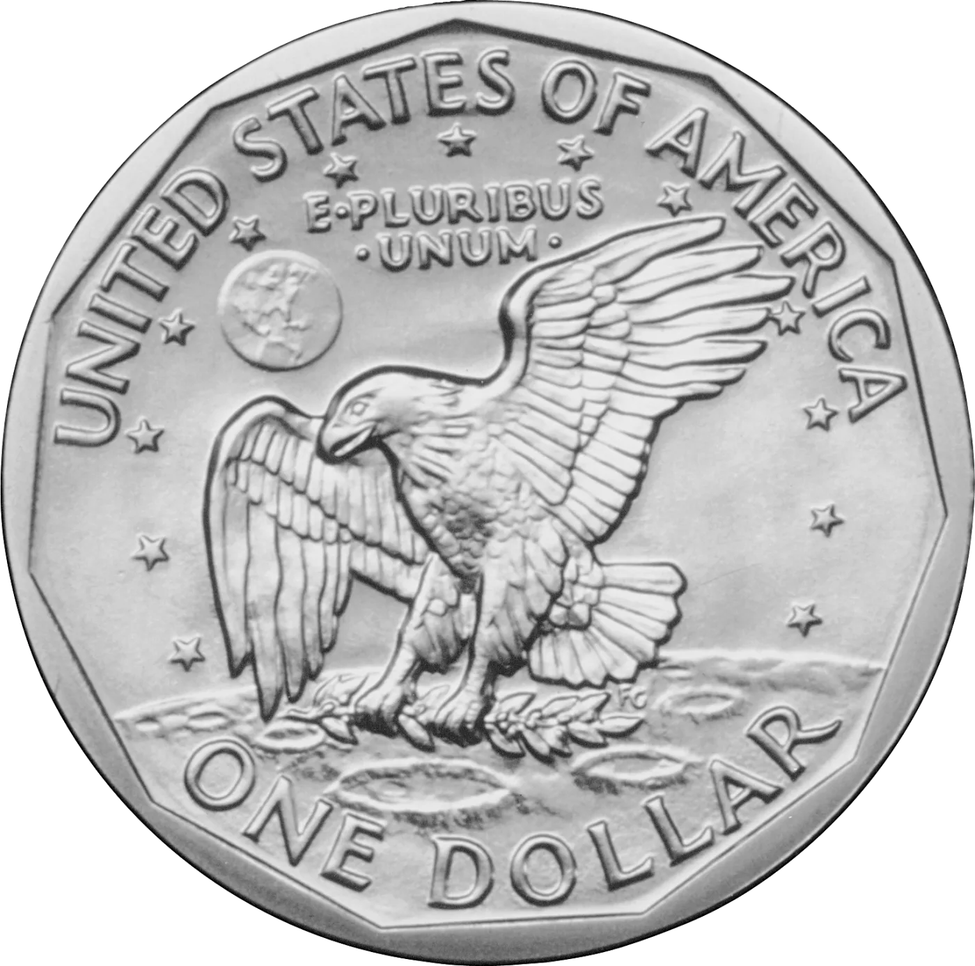 Reverse of a 1999-P Susan B. Anthony dollar, an eagle descending toward the lunar surface with an olive branch in its talons and the Earth in the upper left