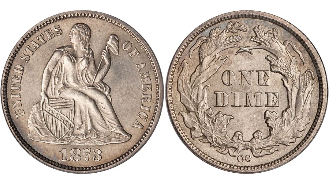 Obverse and reverse of a Seated Liberty dime dated 1873, a seated figure on one side and ONE DIME in a wreath on the other