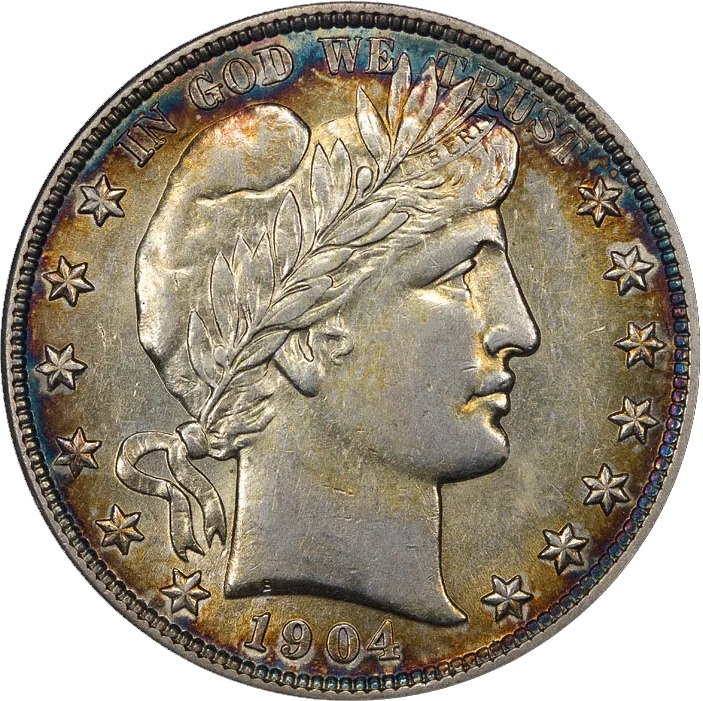 Obverse of a 1904 Barber half dollar with a laureate head of Liberty, the surfaces carrying heavy rainbow toning