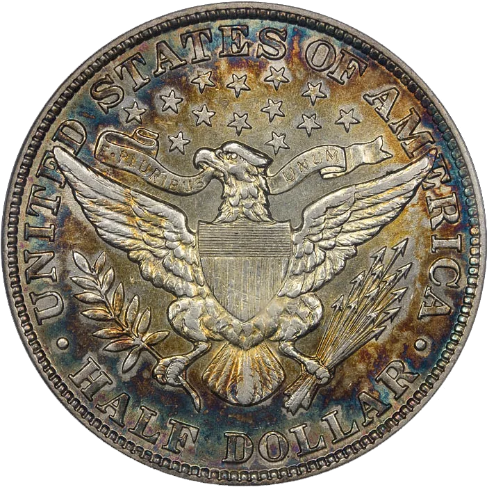 Reverse of the same 1904 Barber half dollar showing a heraldic eagle with a shield, also heavily toned