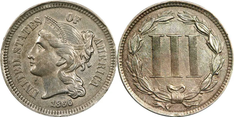 Obverse and reverse of an 1866 nickel three cent piece, showing the coroneted Liberty head and the Roman numeral III inside a laurel wreath