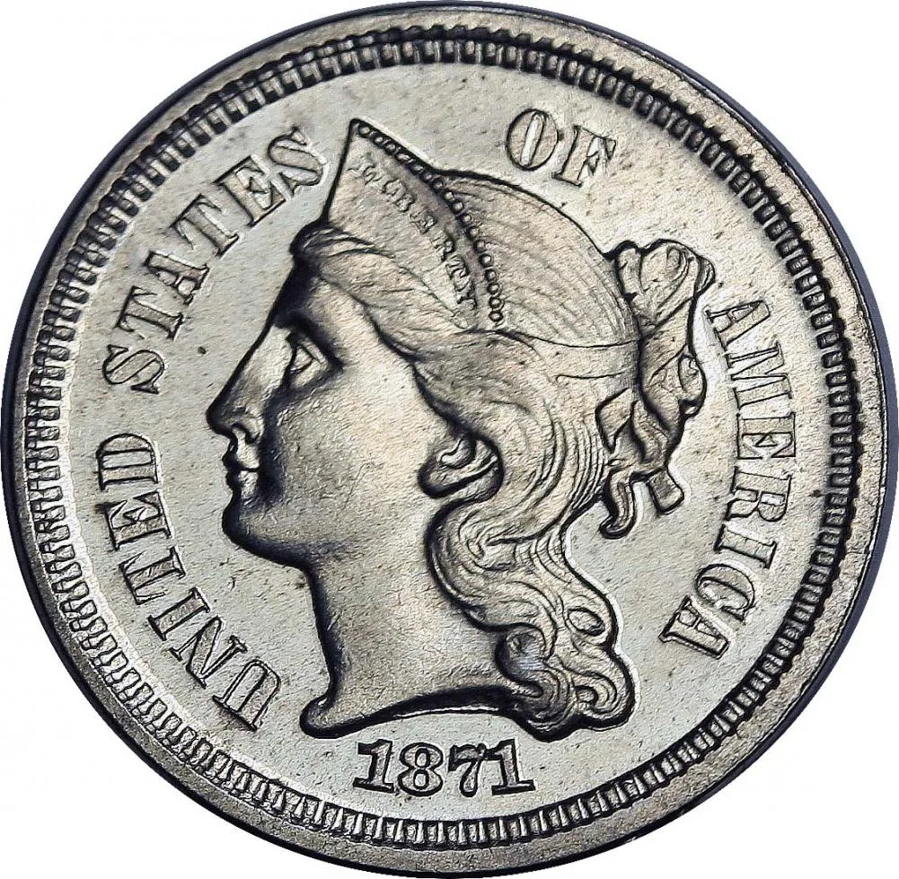 Obverse of an 1871 proof nickel three cent piece showing Liberty facing left in a coronet inscribed LIBERTY