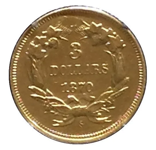 Low-resolution photograph of a Three Dollar Gold reverse dated 1870 with an S mint mark below the wreath bow