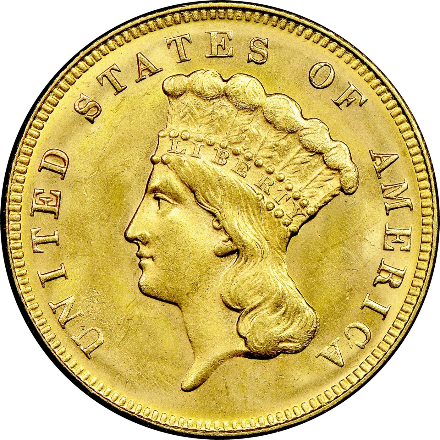 Indian Princess obverse of a Three Dollar Gold piece, headdress feathers and the LIBERTY band sharp, with no date anywhere on the side
