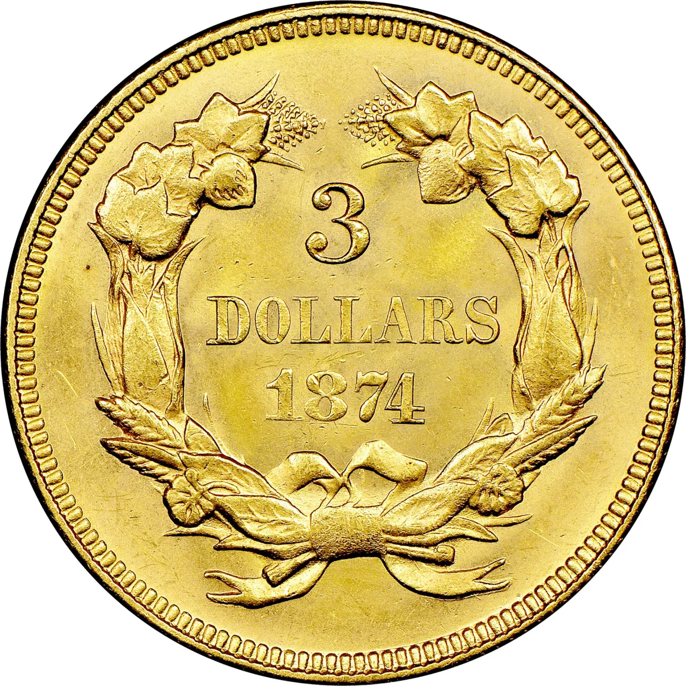 Reverse of an 1874 Three Dollar Gold piece, the word DOLLARS in large heavy letters nearly filling the space between the wreath arms