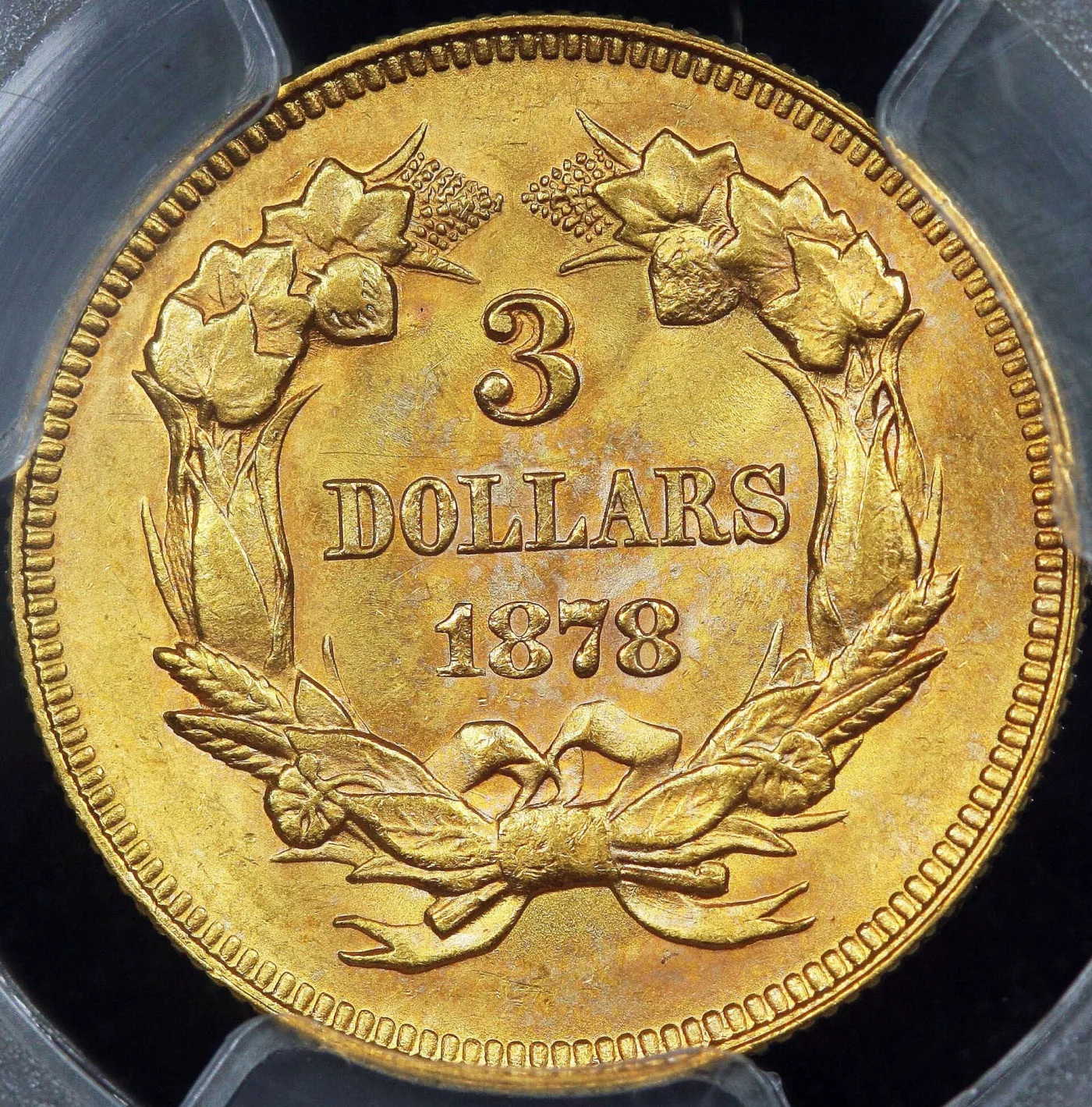 Reverse of an 1878 Three Dollar Gold piece in a grading holder, the field between the wreath bow and the rim empty of any mint mark