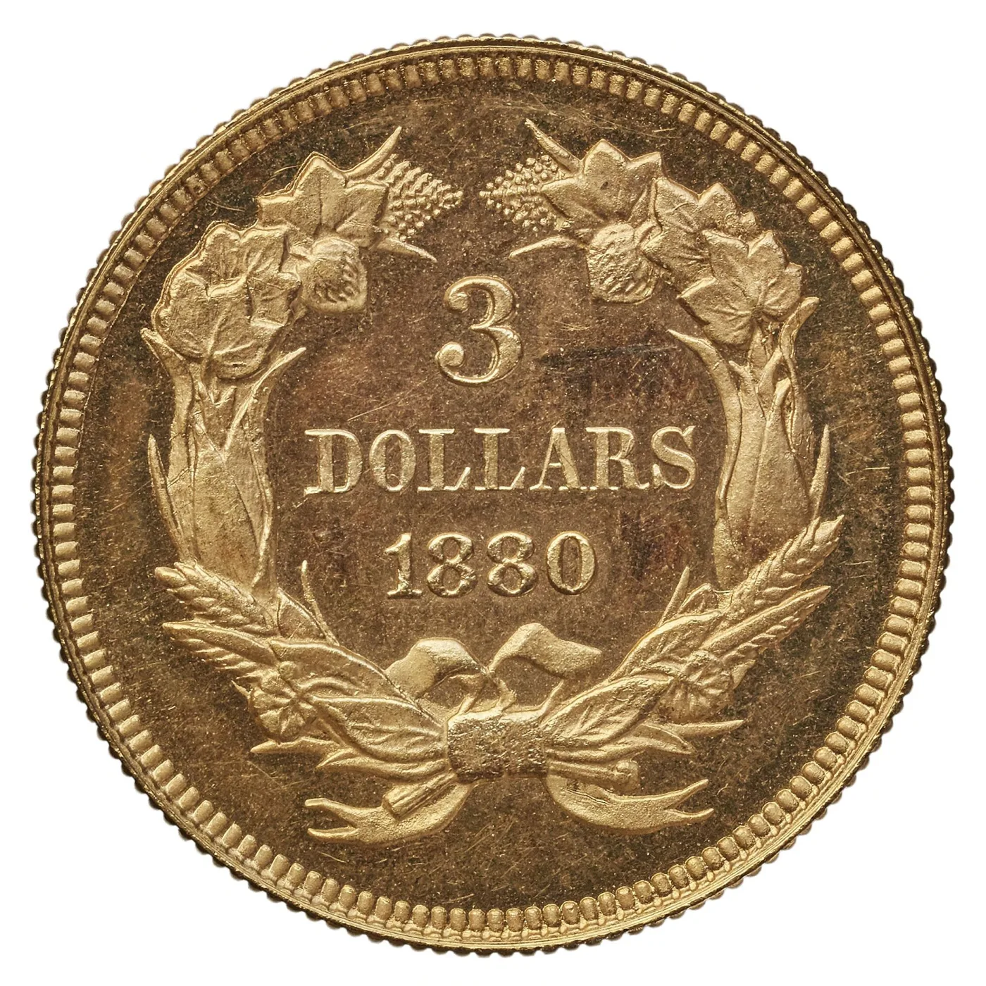 Reverse of a Three Dollar Gold piece dated 1880, an agricultural wreath enclosing 3 above DOLLARS above the date, tied with a bow at the bottom
