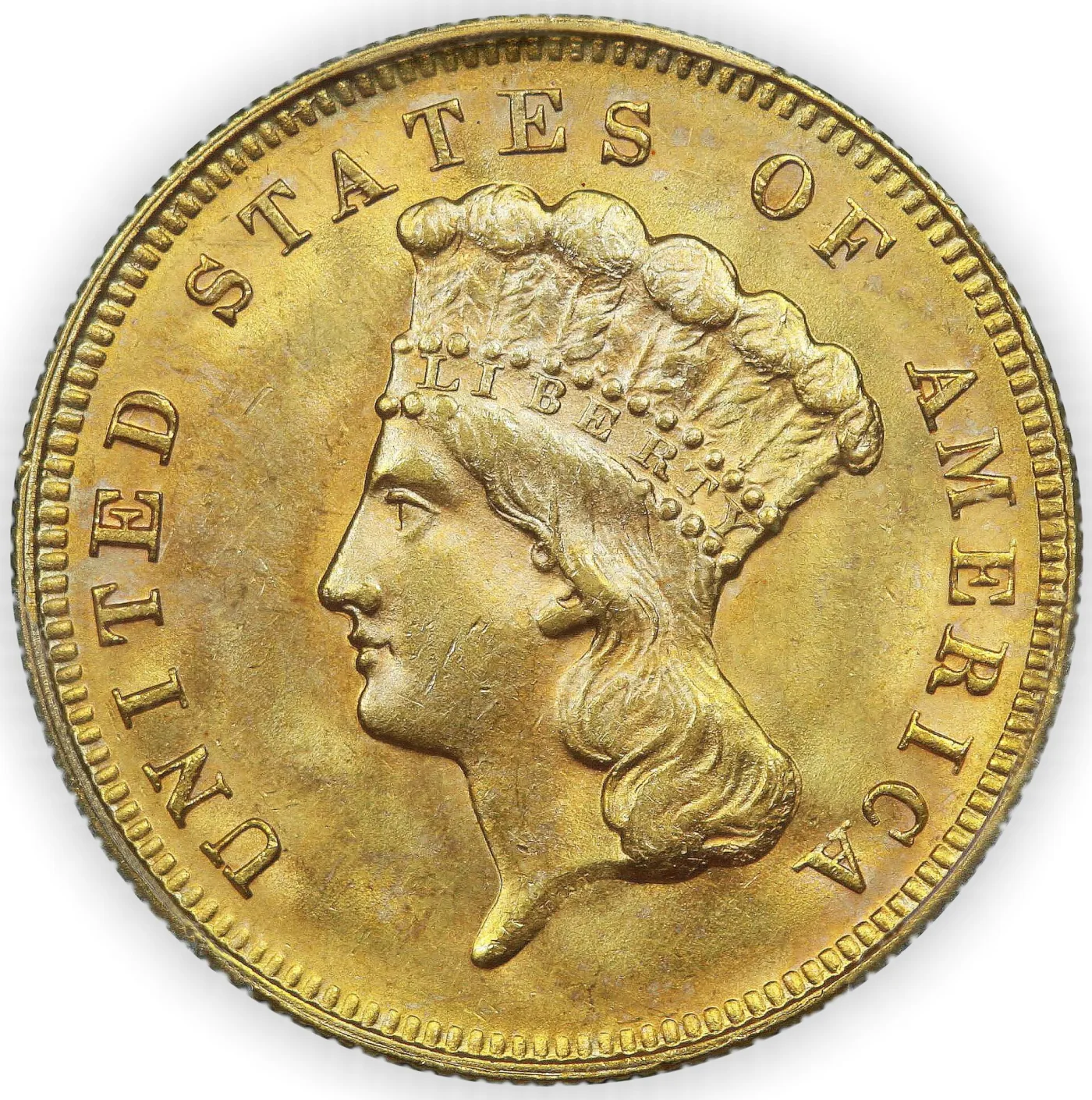 Indian Princess obverse of a Three Dollar Gold piece against a white background, with full headdress, LIBERTY band and hair detail