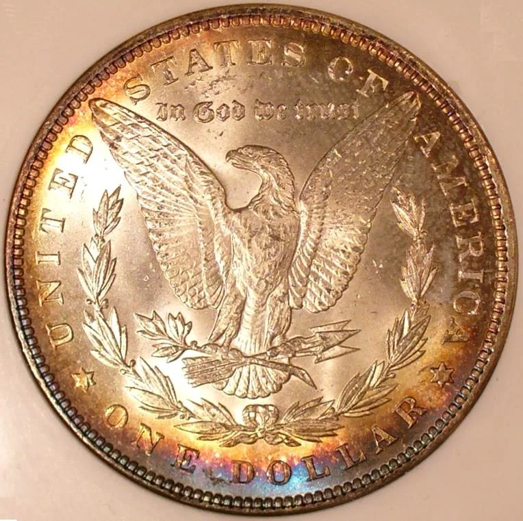 Reverse of an 1899 Morgan silver dollar with an eagle, the outer field carrying a ring of deeper colour