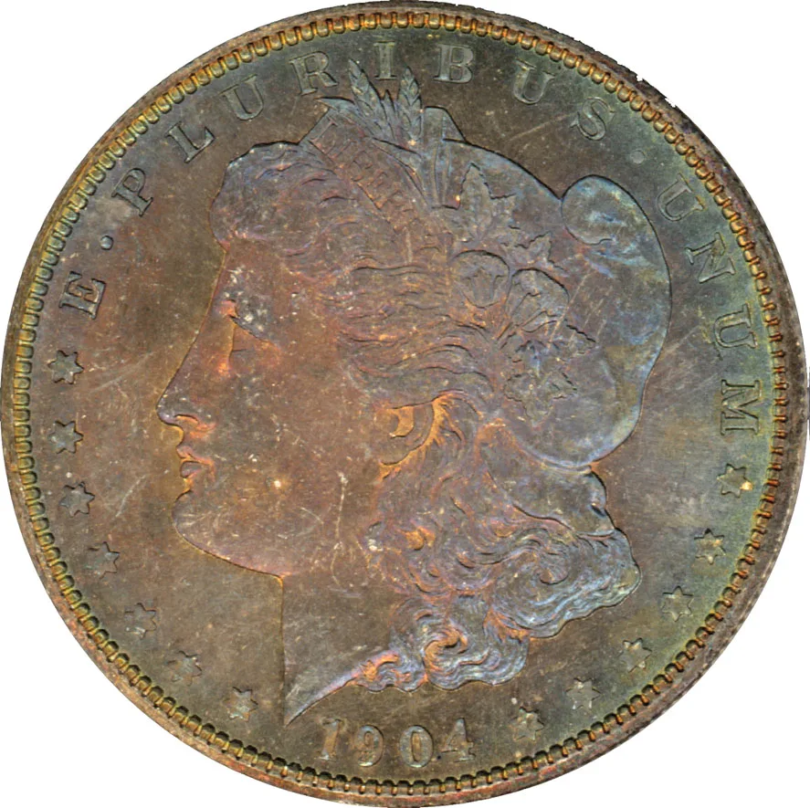 Obverse of a Morgan silver dollar with bright untoned surfaces and no colour anywhere