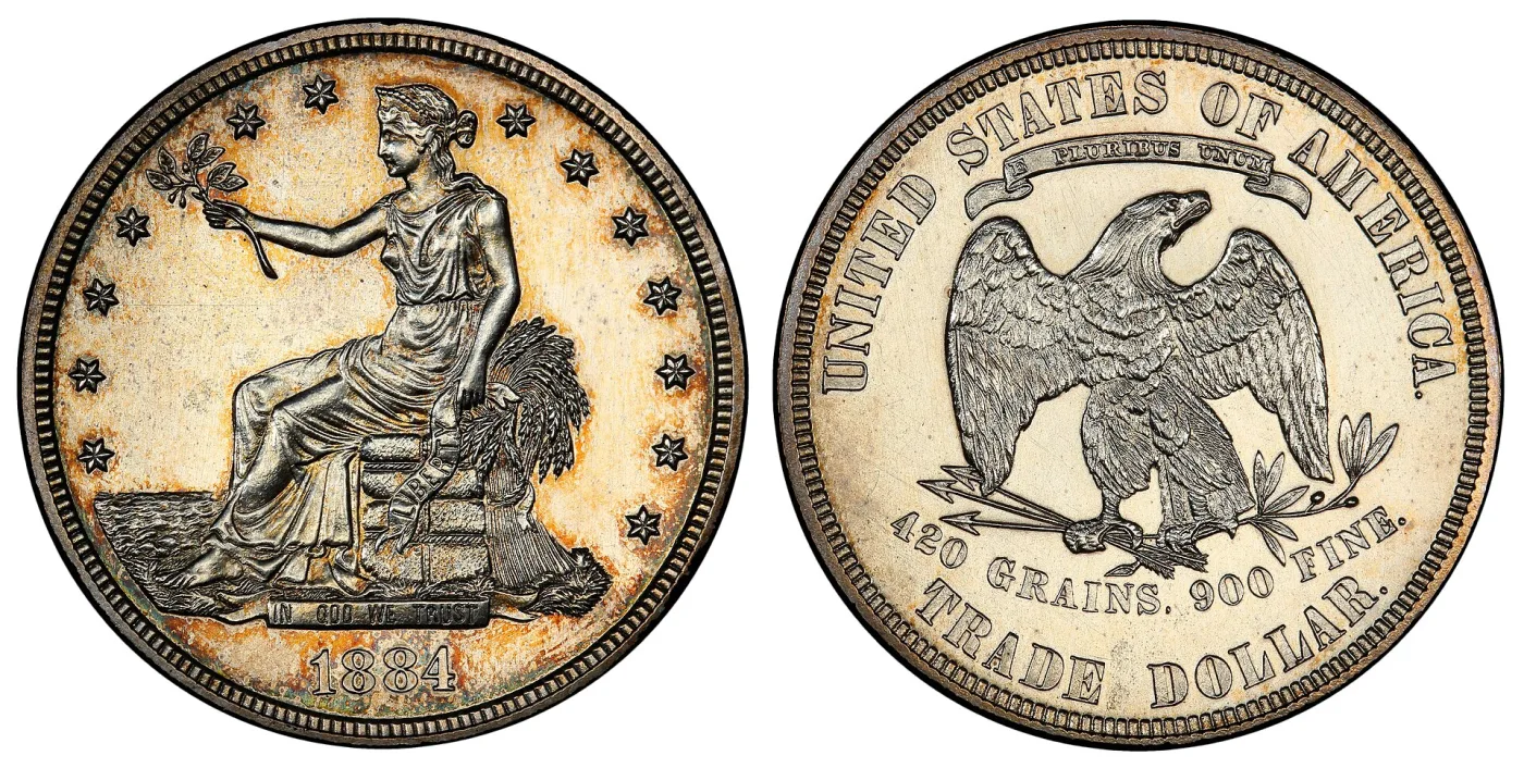 Obverse and reverse of an 1884 proof Trade Dollar, the obverse dated 1884 and the reverse a standard Type 2 with no mint mark