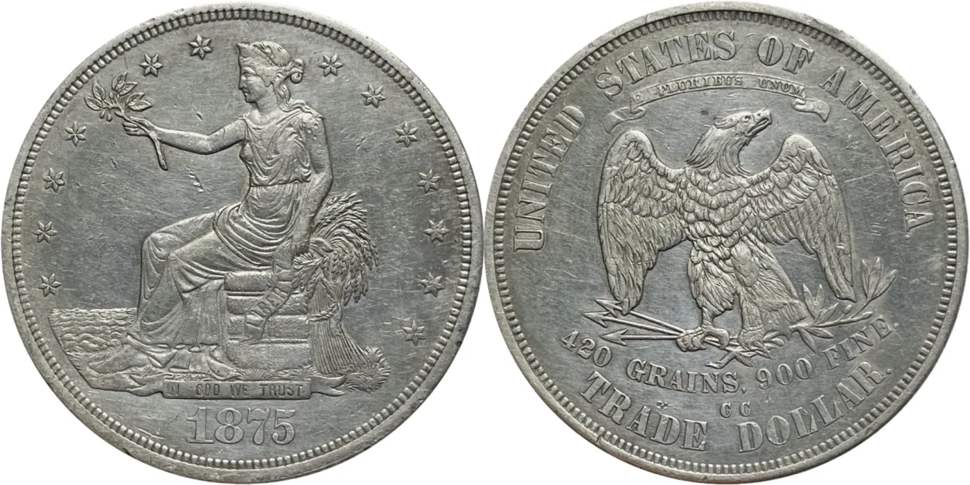 Obverse and reverse of an 1875-CC Trade Dollar, the doubled letters CC sitting between 900 FINE and the word DOLLAR
