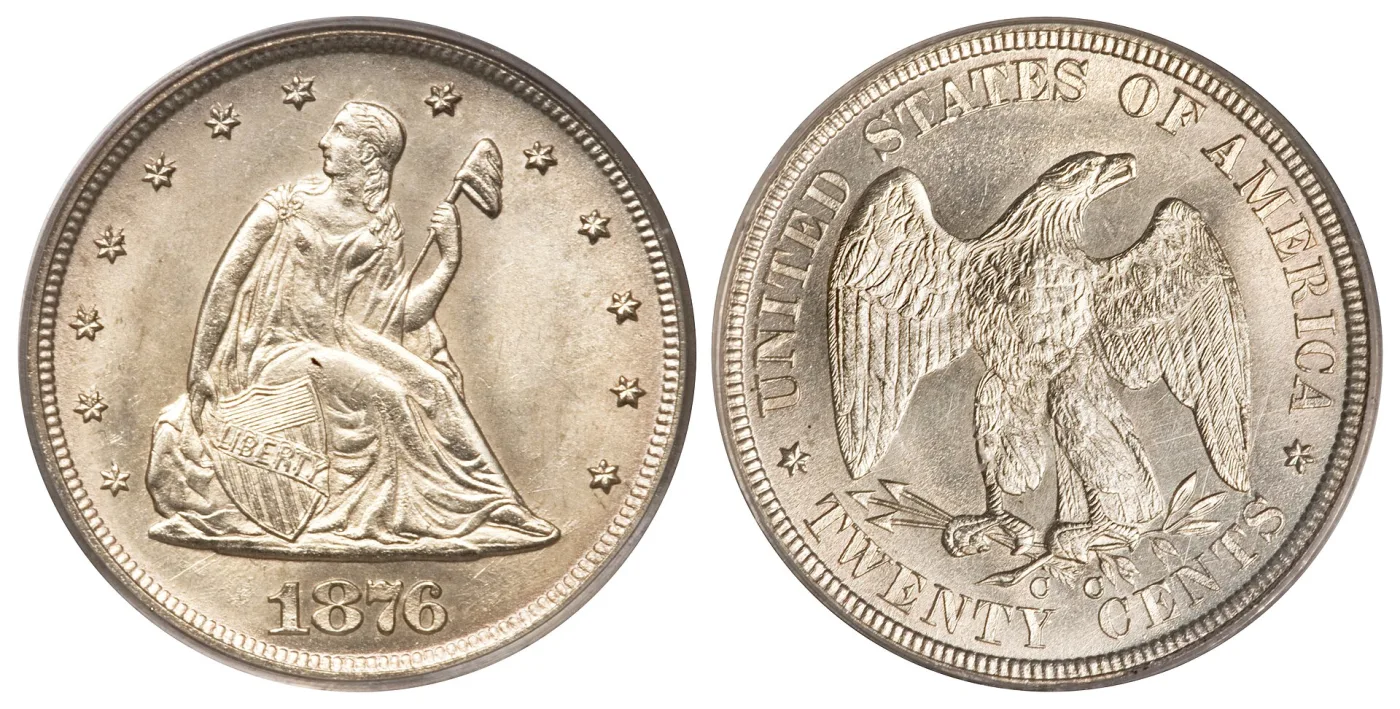 Obverse and reverse of an 1876-CC twenty cent piece side by side, Liberty seated with a shield and capped pole on the left and a heraldic eagle above TWENTY CENTS on the right