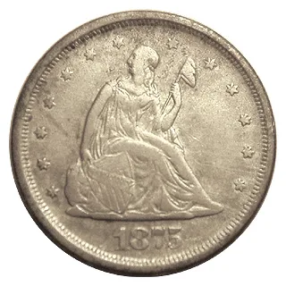Obverse of a circulated 1875 twenty cent piece, the seated figure reduced to a smooth outline with the date still readable at the bottom