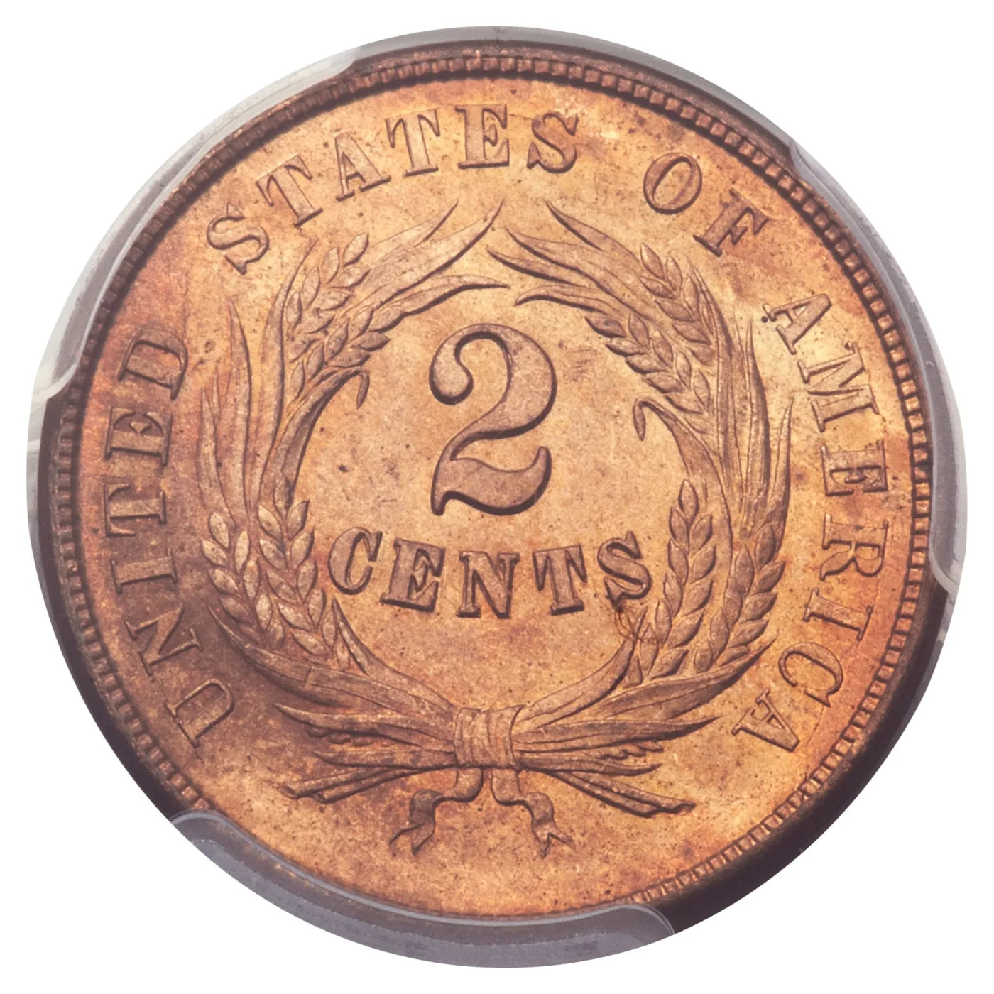 Reverse of an 1864 two cent piece showing UNITED STATES OF AMERICA around the rim and 2 CENTS inside the wheat wreath