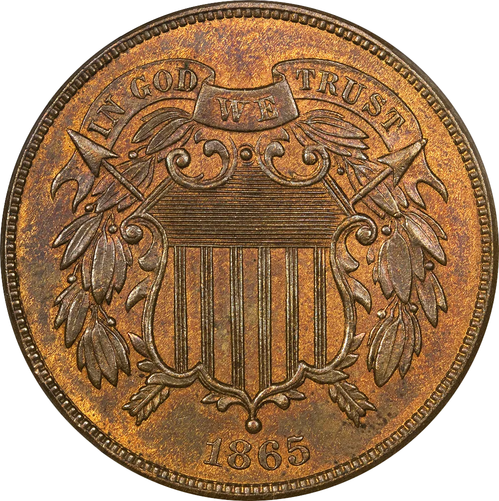 Obverse of an 1865 two cent piece showing the Union shield, the crossed arrows behind it and the motto banner above