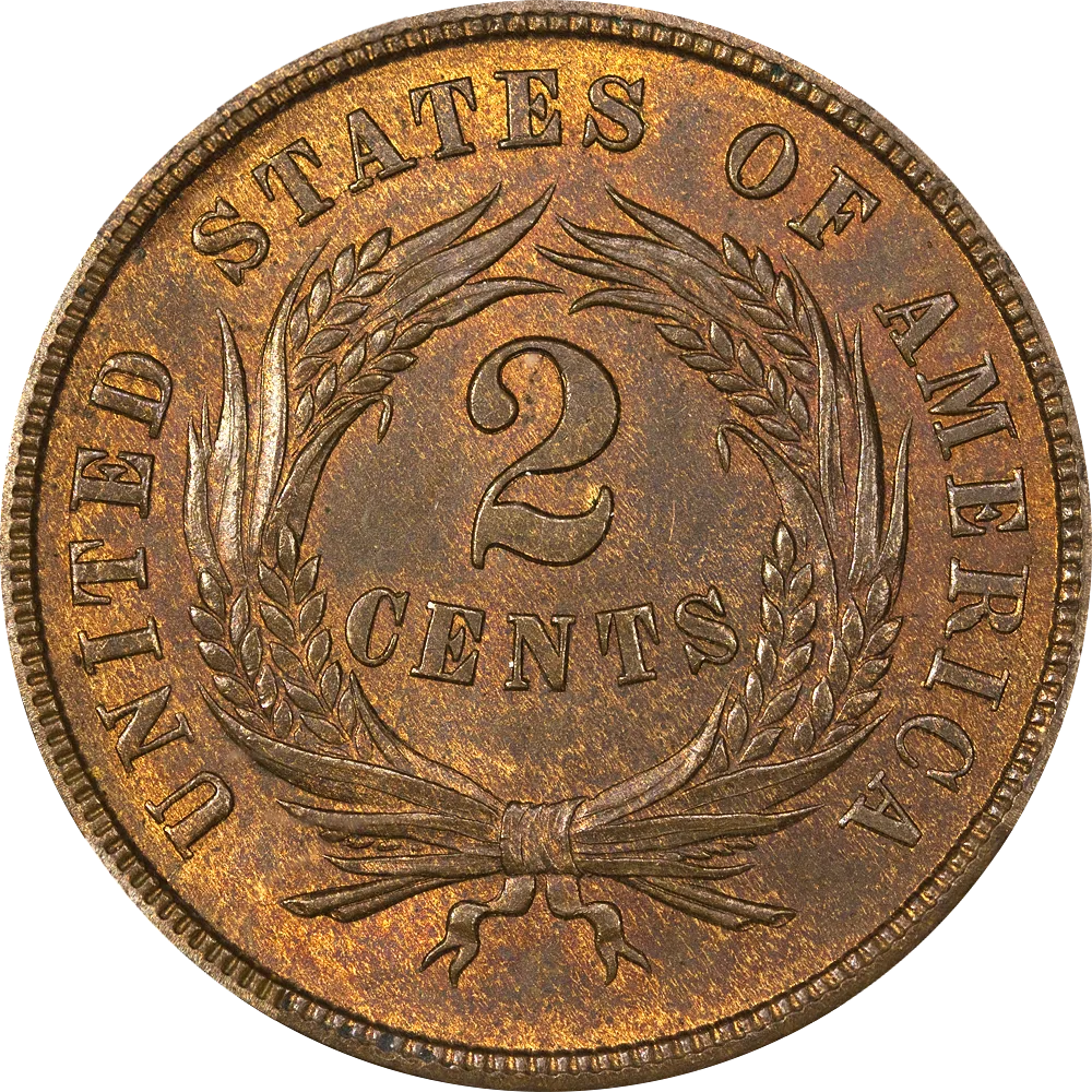 Reverse of an 1865 two cent piece showing 2 CENTS inside an open wheat wreath tied with a ribbon
