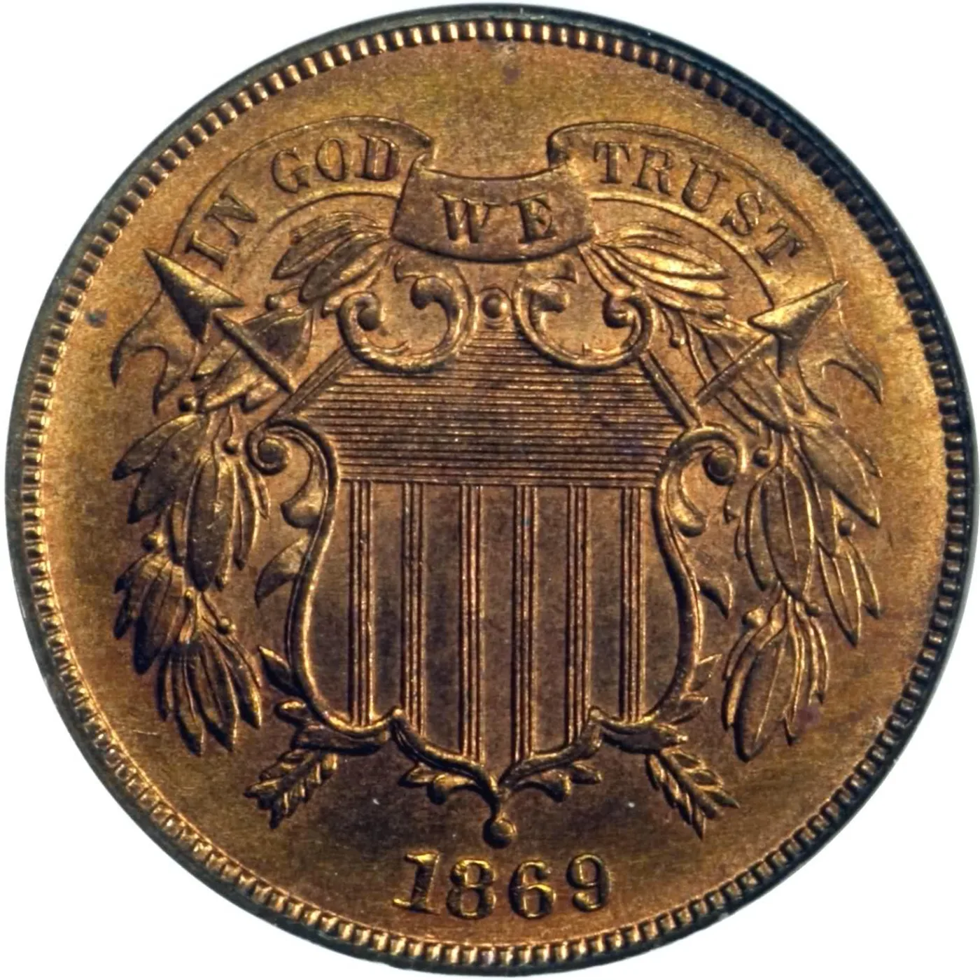 Obverse of an 1869 two cent piece retaining full original red bronze colour