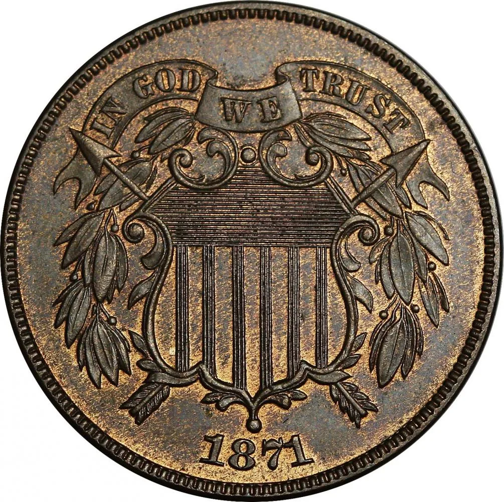 Obverse of an 1871 proof two cent piece showing mirrored fields behind a frosted shield