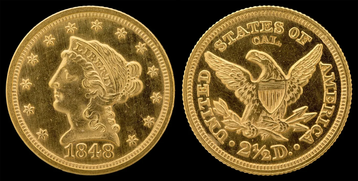 Obverse and reverse of an 1848 Liberty Head quarter eagle, Liberty facing left in a coronet inside stars, and a shielded eagle with CAL. stamped above it and 2½ D. below