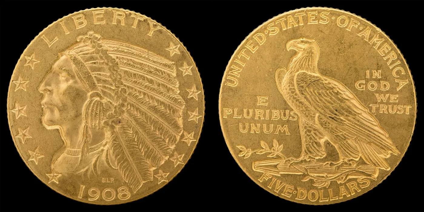 Obverse and reverse of a 1908 Indian Head half eagle, the incuse portrait of a man in a headdress and a standing eagle above FIVE DOLLARS