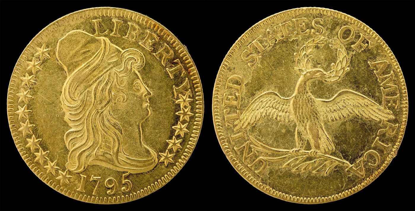 Obverse and reverse of a 1795 half eagle, Liberty in a tall cap facing right, and a small eagle standing on a palm branch holding a wreath