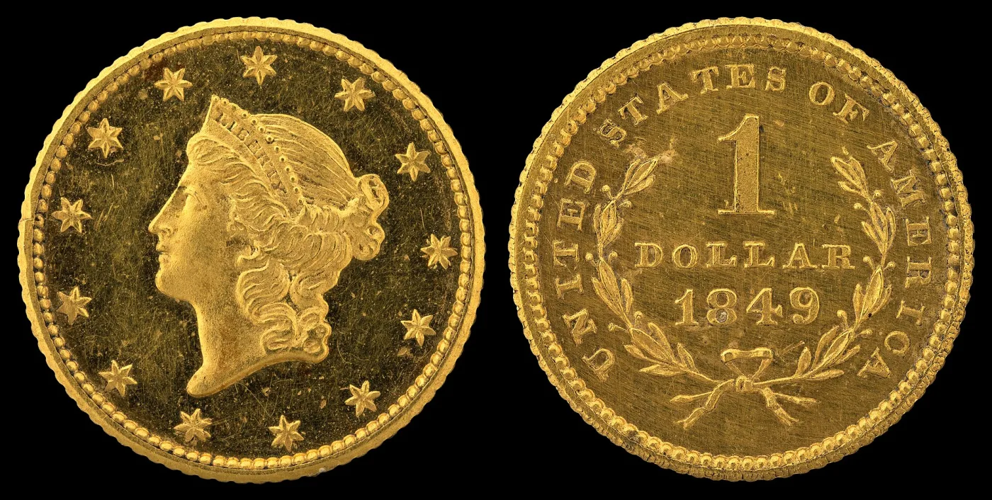 Obverse and reverse of an 1849 Type 1 gold dollar, a small Liberty head with a coronet inside thirteen stars, and a wreath around 1 DOLLAR 1849