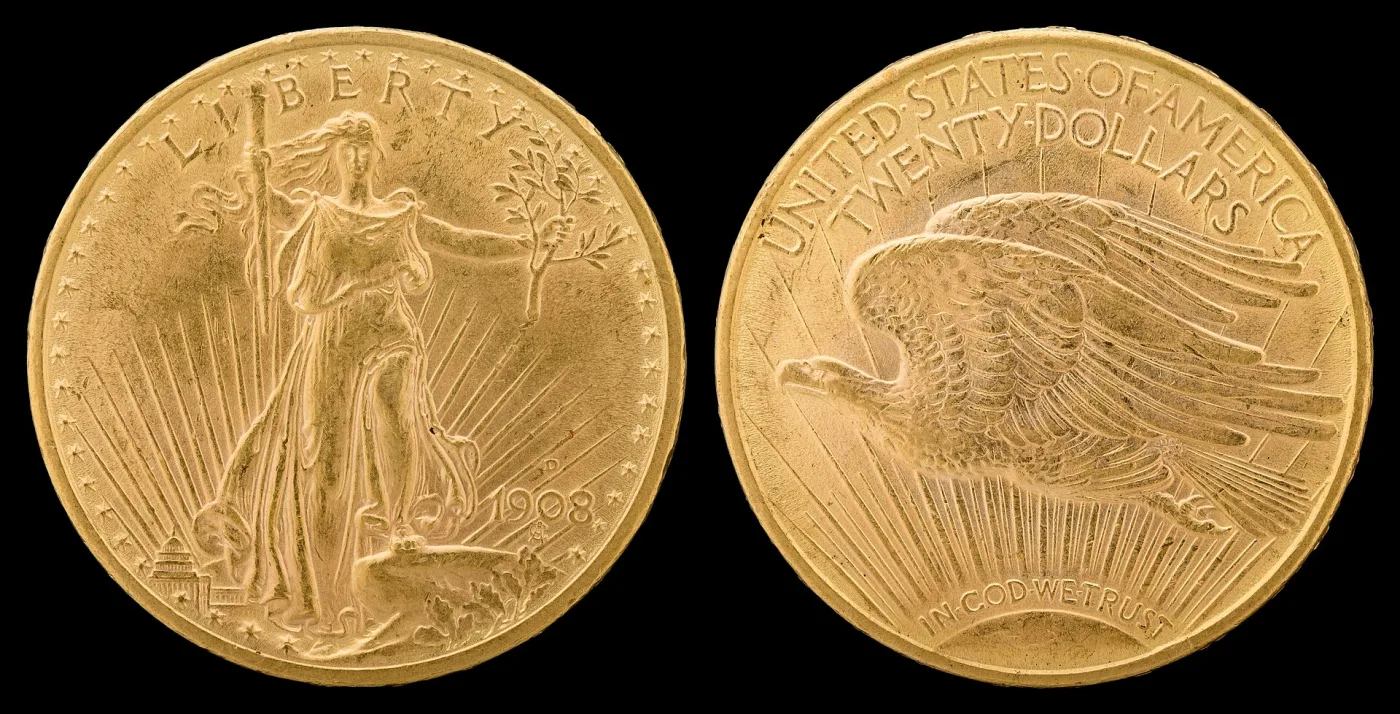 Obverse and reverse of a 1908-D Saint-Gaudens double eagle, a striding Liberty with torch and olive branch above a small Capitol building, and a flying eagle below TWENTY DOLLARS with IN GOD WE TRUST along the bottom
