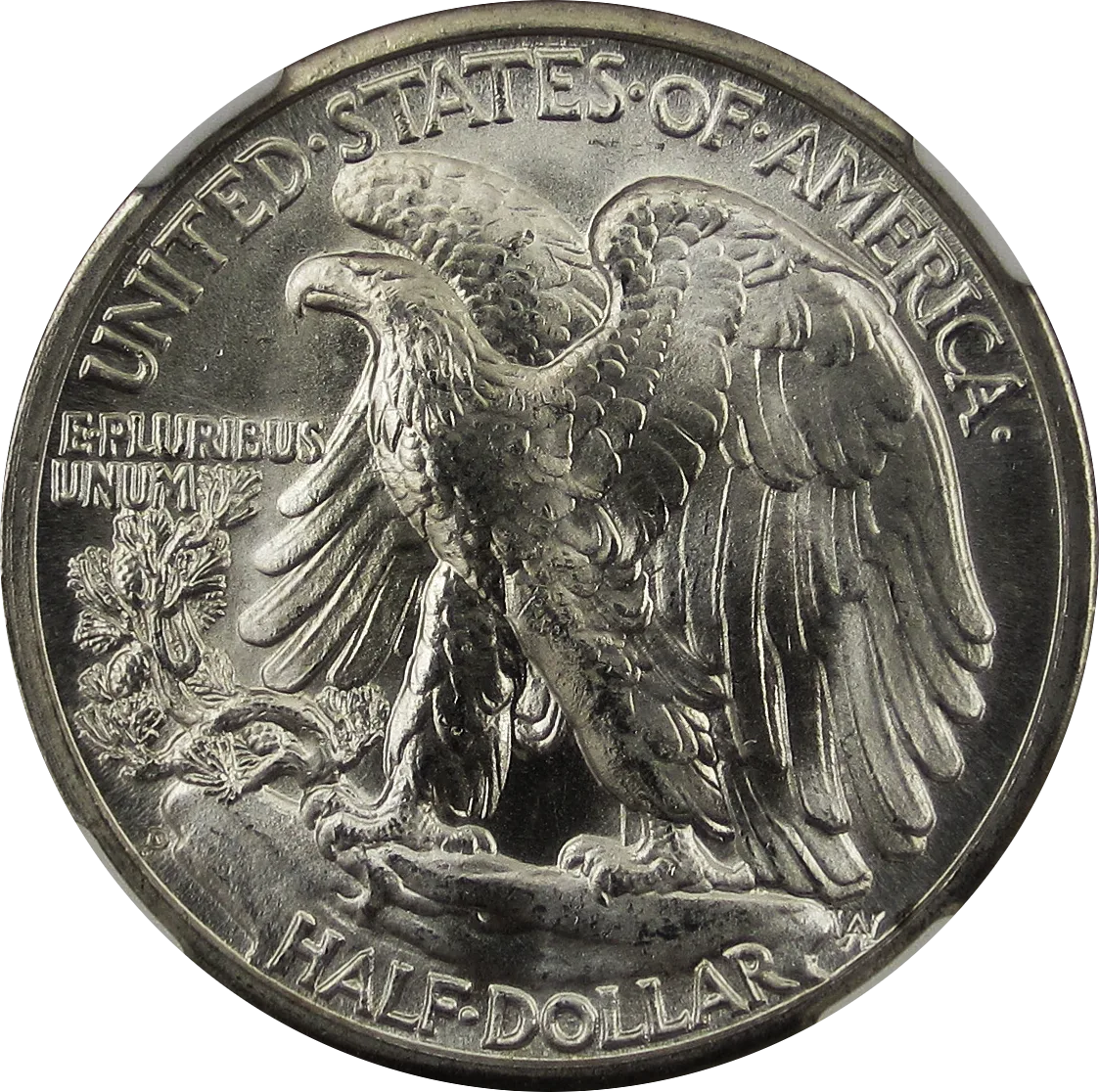 Reverse of an uncirculated 1945-D Walking Liberty half dollar with the D mint mark at the lower left, below the pine sapling and to the left of HALF DOLLAR