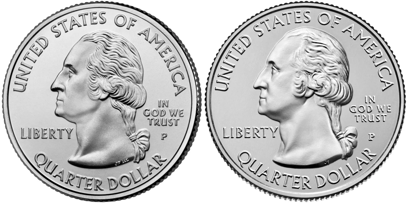 Two modern Washington quarter obverses side by side, the left one carrying two sets of designer initials below the truncation and the right one carrying a single set