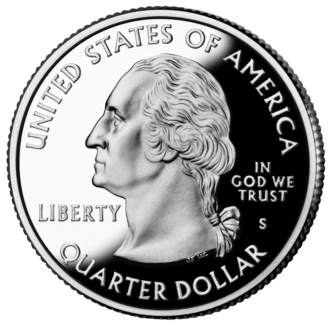 Obverse of a 2004-S proof Washington quarter with mirrored fields, a frosted portrait and the S mint mark beside the hair ribbon
