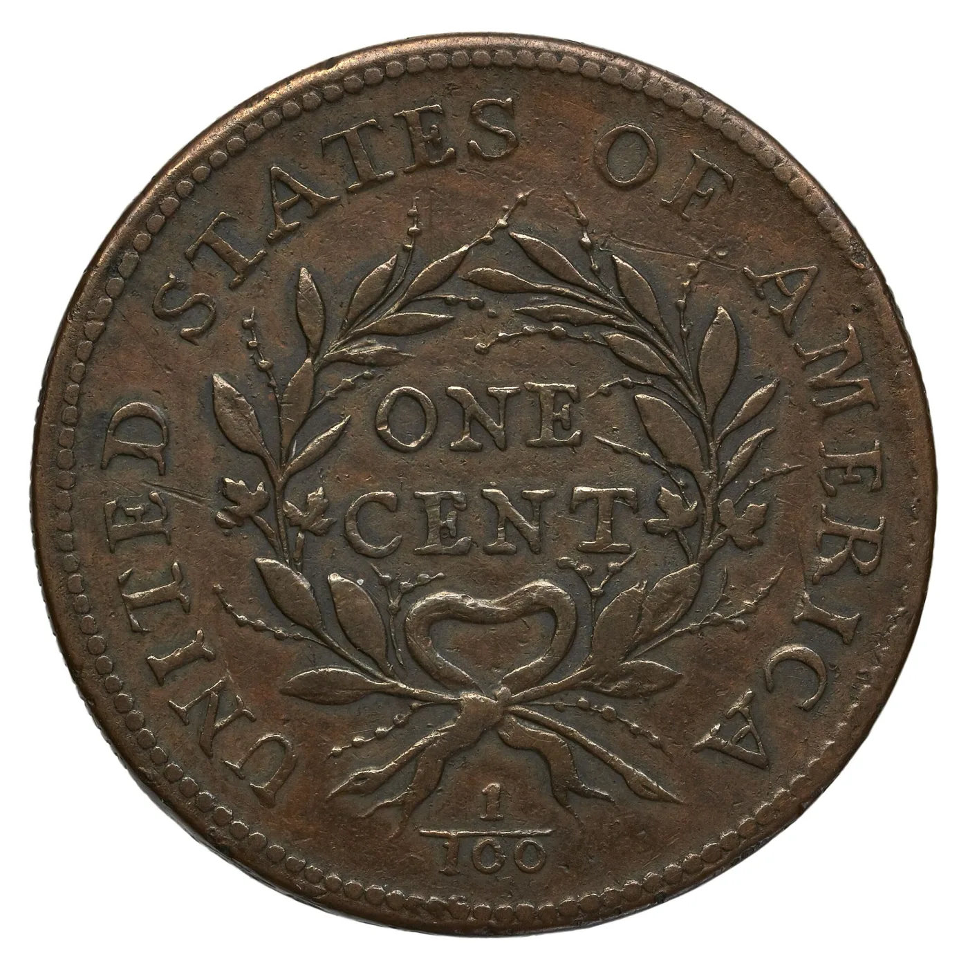 Reverse of a 1793 Wreath cent showing an open wreath of leaves and berries tied with a bow around ONE CENT, the fraction 1/100 beneath the bow and UNITED STATES OF AMERICA around the rim