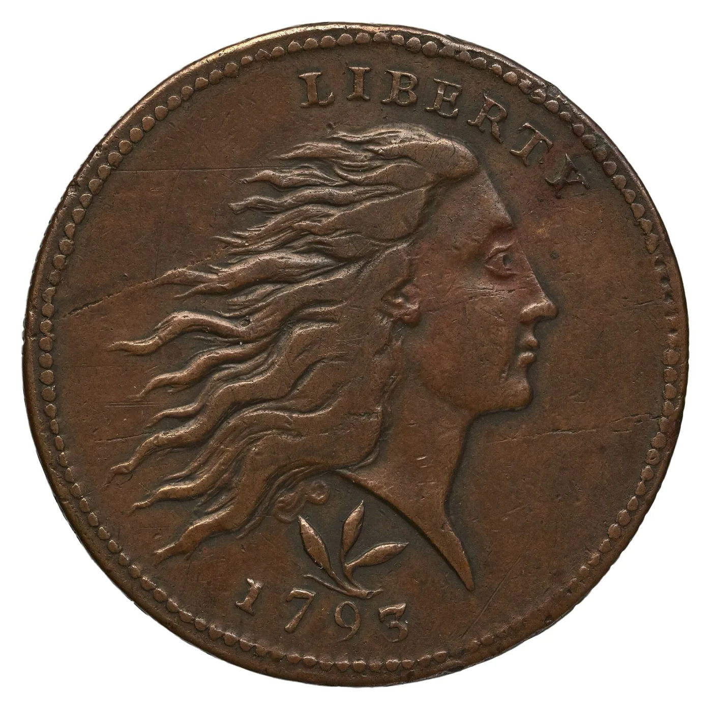 Obverse of a 1793 Wreath cent showing Flowing Hair Liberty facing right with a small cluster of leaves on a stem between the neck and the date 1793