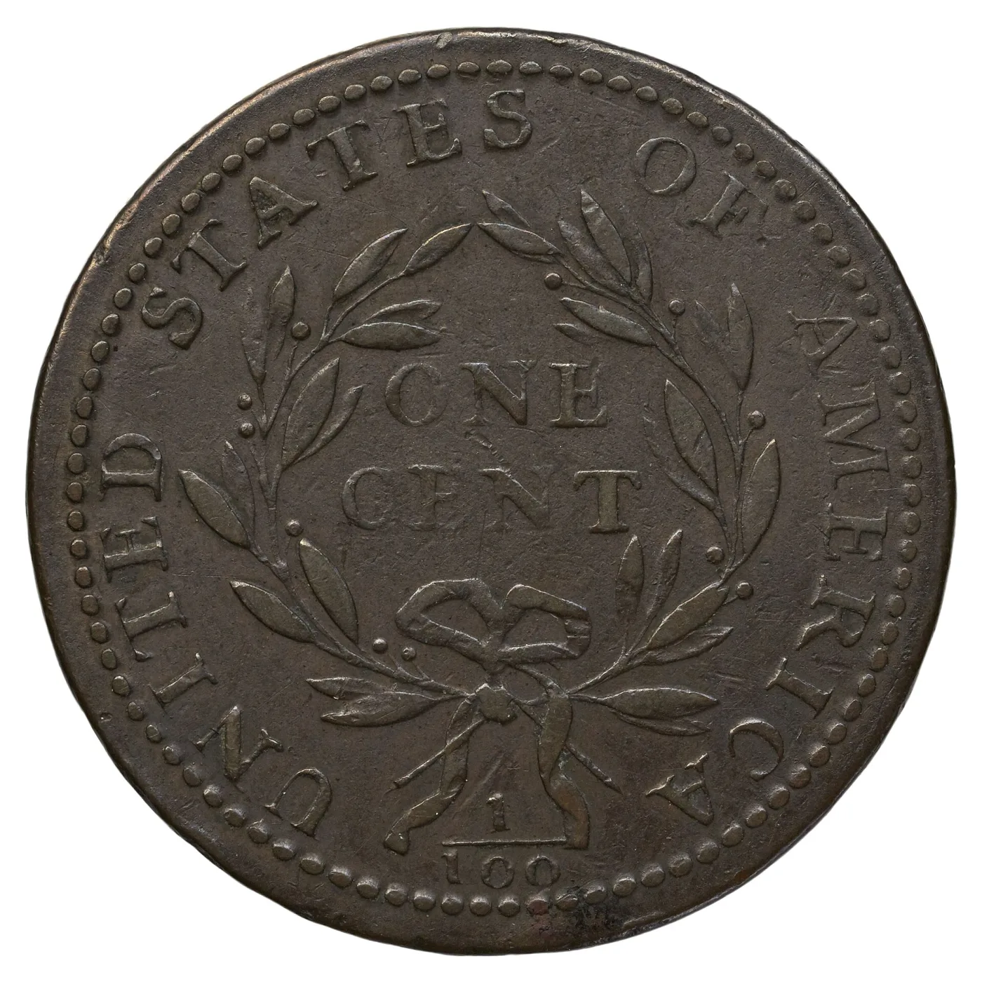 Reverse of a 1793 Liberty Cap cent showing a wreath tied with a bow around ONE CENT, the fraction 1/100 below and UNITED STATES OF AMERICA around the rim