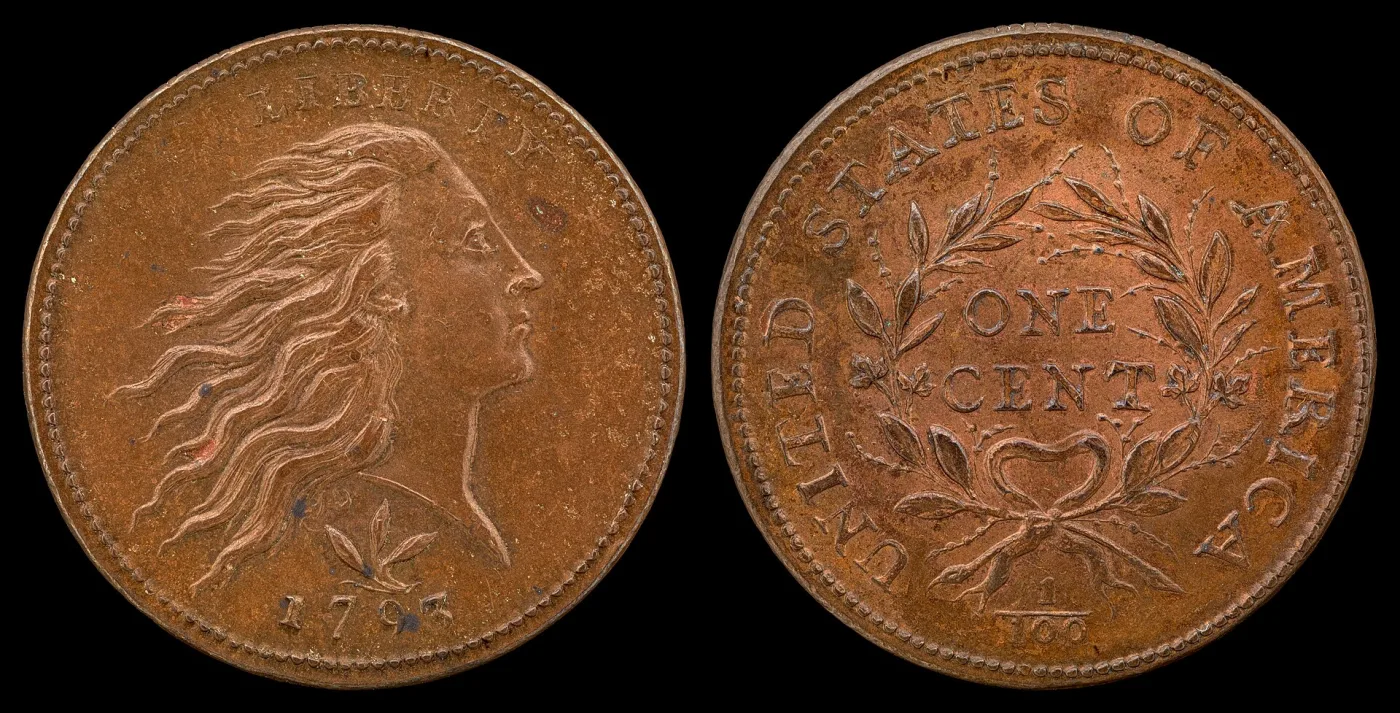 Obverse and reverse of a 1793 Wreath cent side by side, showing Flowing Hair Liberty with a sprig above the date and an open wreath enclosing ONE CENT above the fraction 1/100